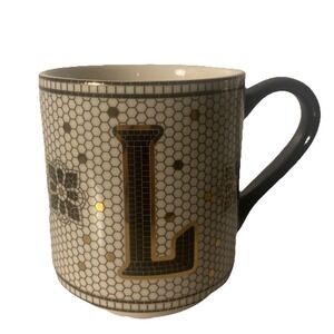 Anthropologie Bistro Tile Monogram L Stoneware Mug Black White Gold